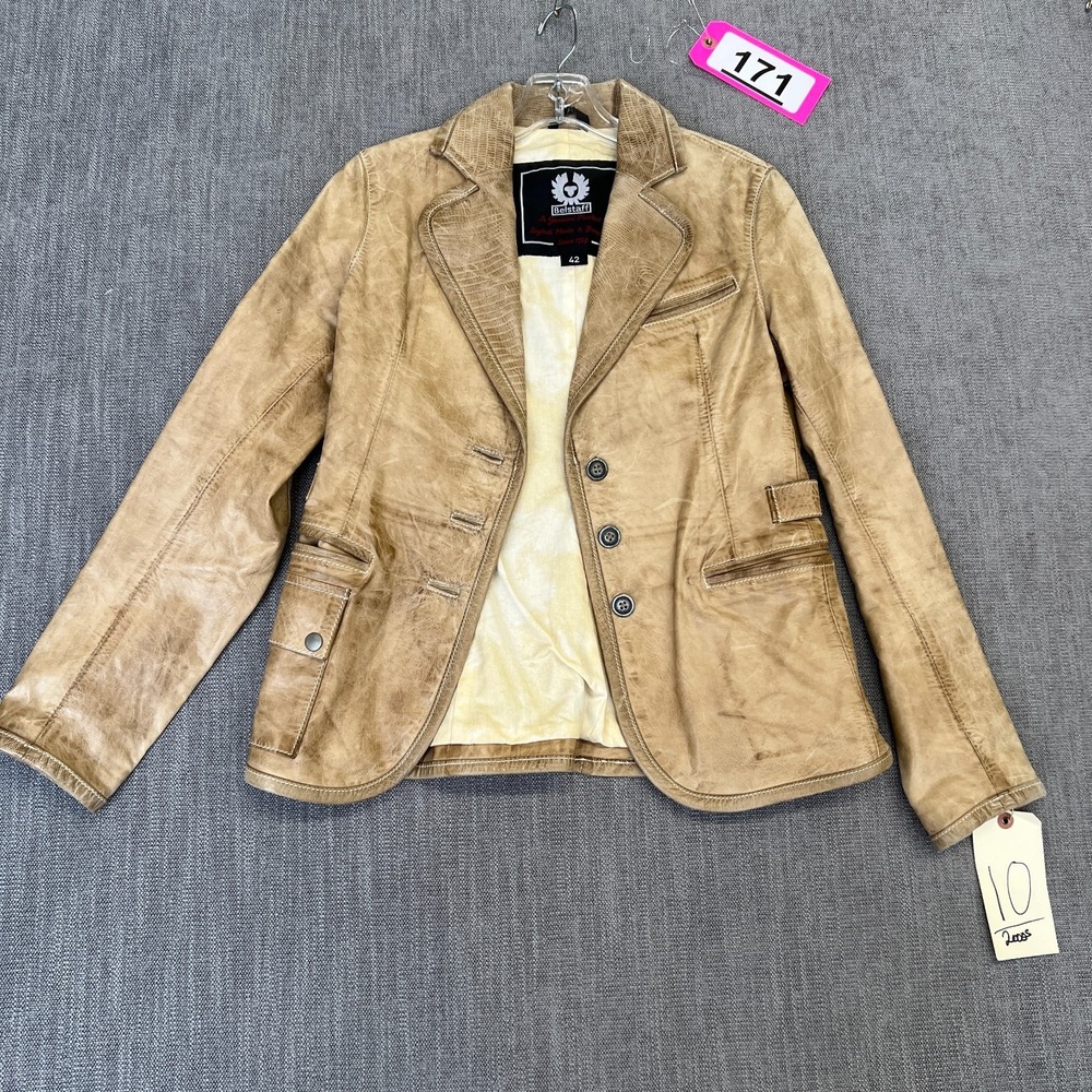 Belstaff Blazer Jacket Womens 42 Tan Leather Long Sleeve Single Breasted